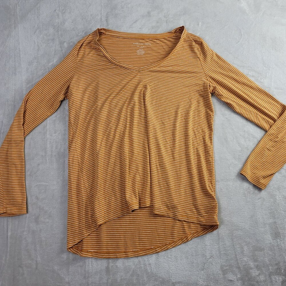 American Eagle Mustard & White Longsleeve Women's Striped V-Neck Top | Size M